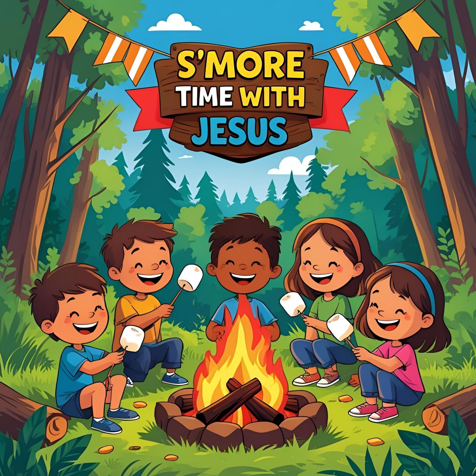 Cartoon of kids around a campfire